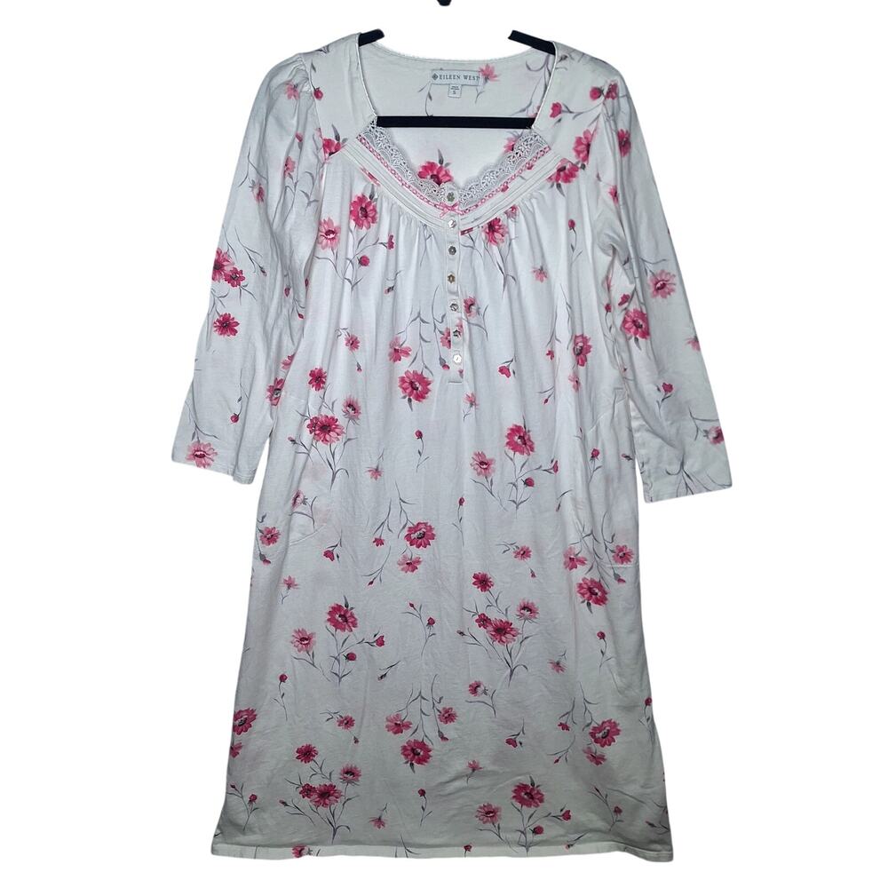 Eileen West Floral Cotton Ballet Nightgown Small Long Sleeve Midi Length Cottage